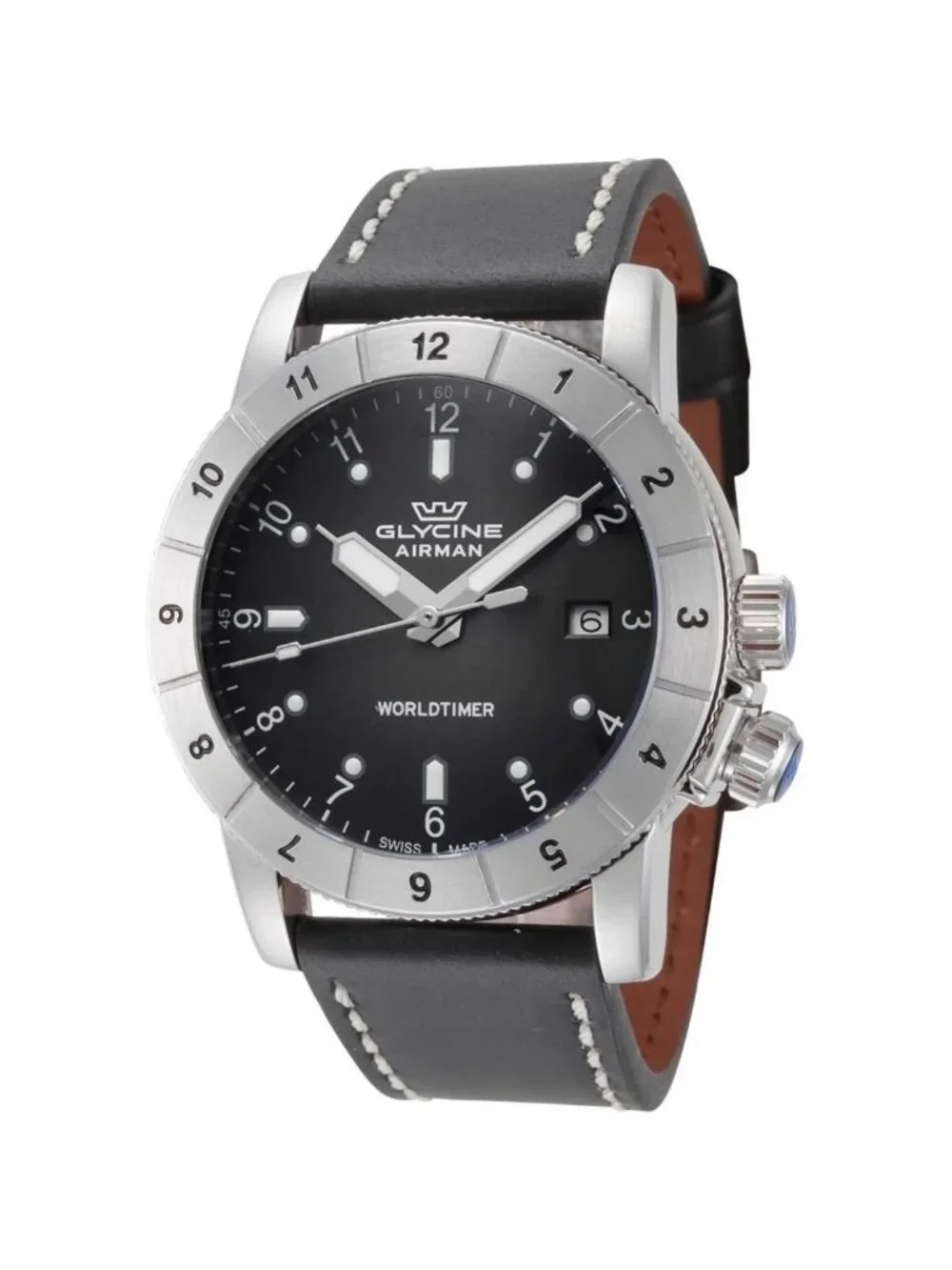 NWT Glycine Airman Contemporary Worldtimer Quartz Black Dial Men's Watch